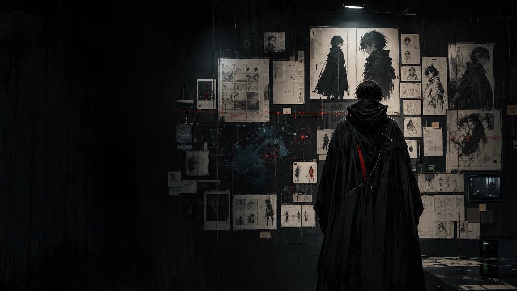 Dark anime production archive wall with character sheets and interface diagrams